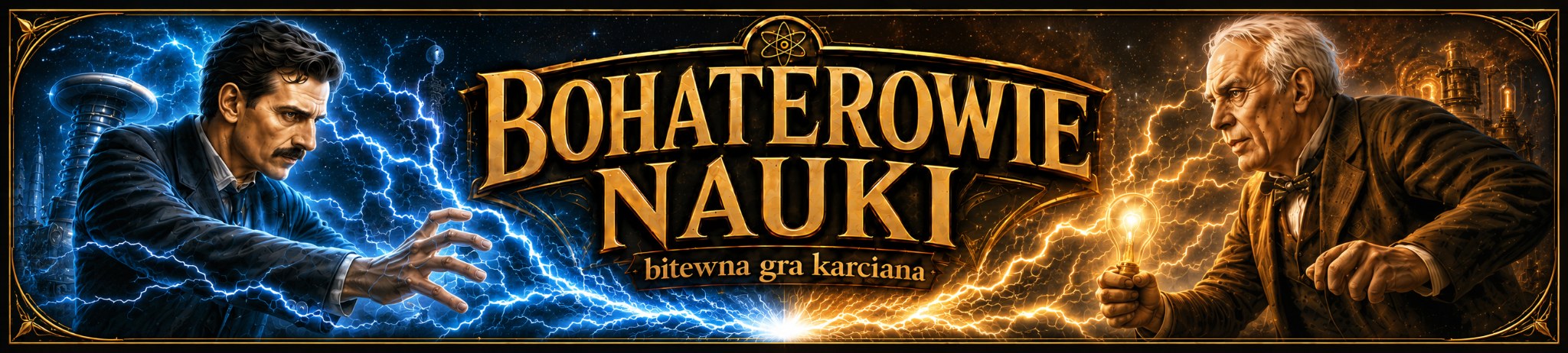 Bohaterowie Nauki — bitewna gra karciana. Tesla i Edison w pojedynku na tle błyskawic.